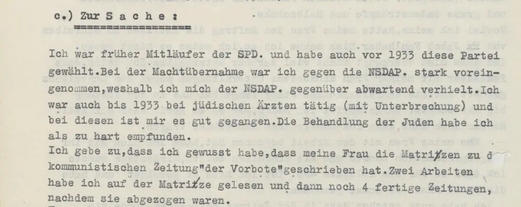 Auszug aus dem Verhörprotokoll durch die Gestapo