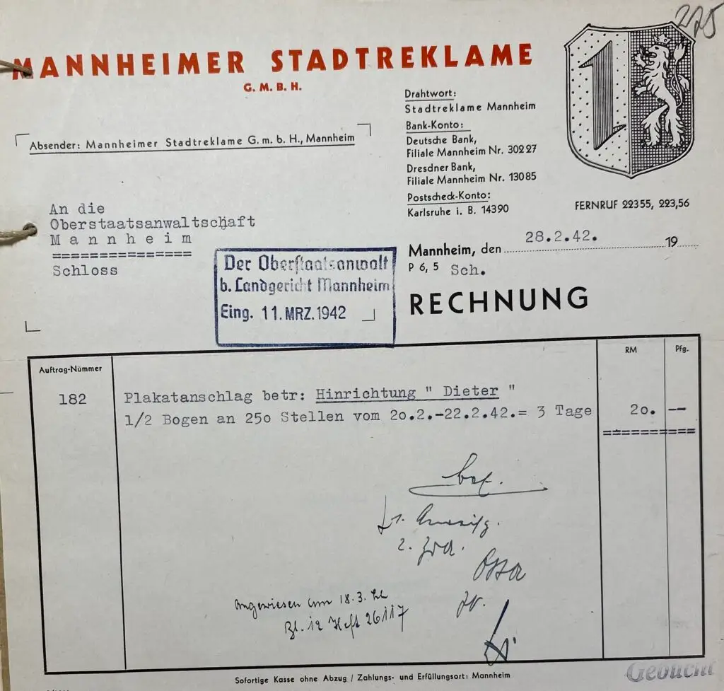 Rechnung Mannheimer Stadtreklame