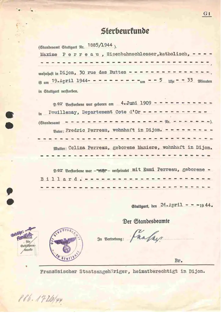 Maxime Perreau Sterbeurkunde