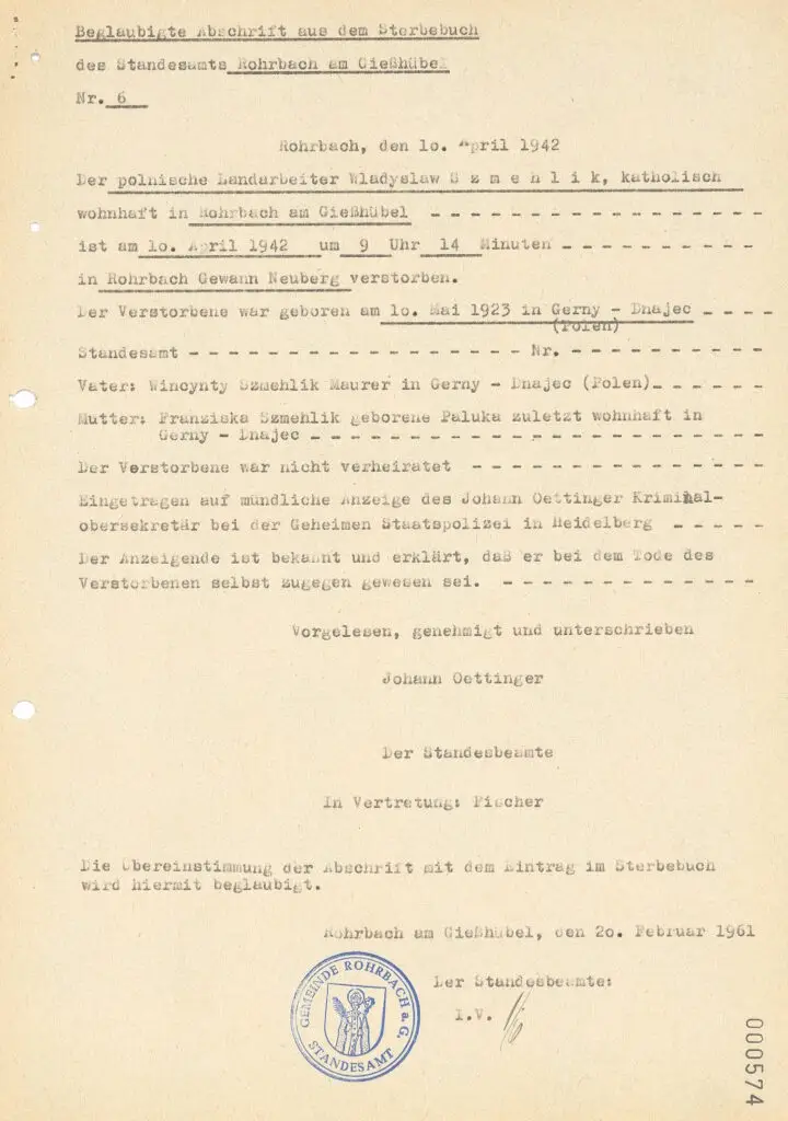 Sterbeurkunde Wladislaw Szmehlik