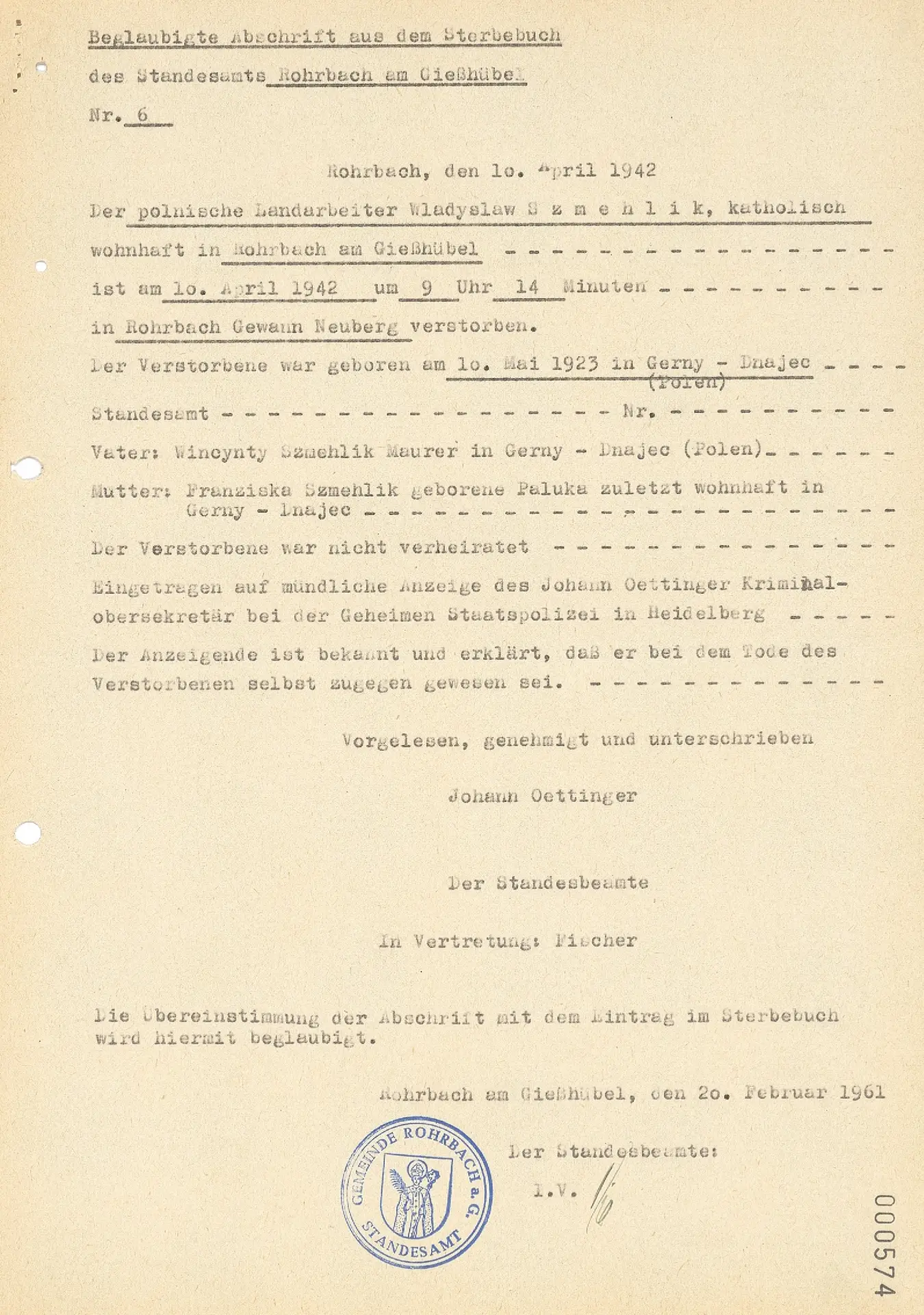 Sterbeurkunde Wladislaw Szmehlik