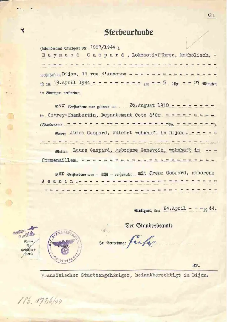 Sterbeurkunde Raymond Gaspard