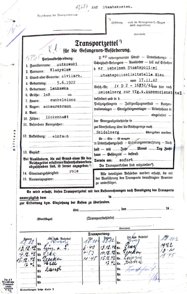 Wladislaw Sutkowski, Gefangenen Transportschein